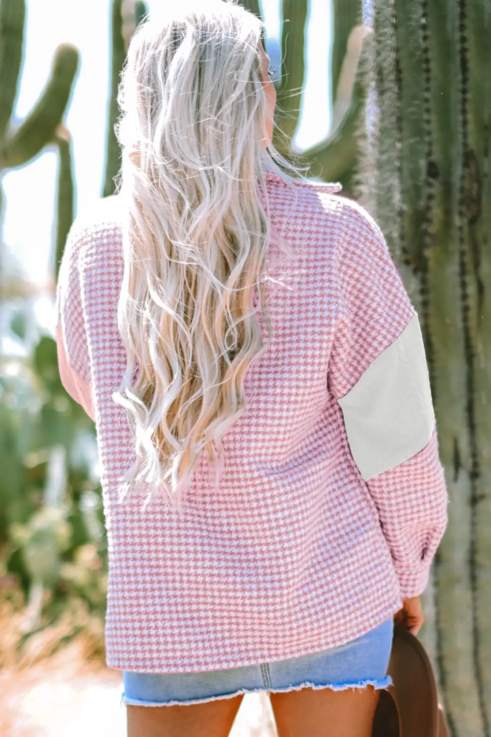 Women's Houndstooth Color Contrast Textured Patchwork Loose Shacket