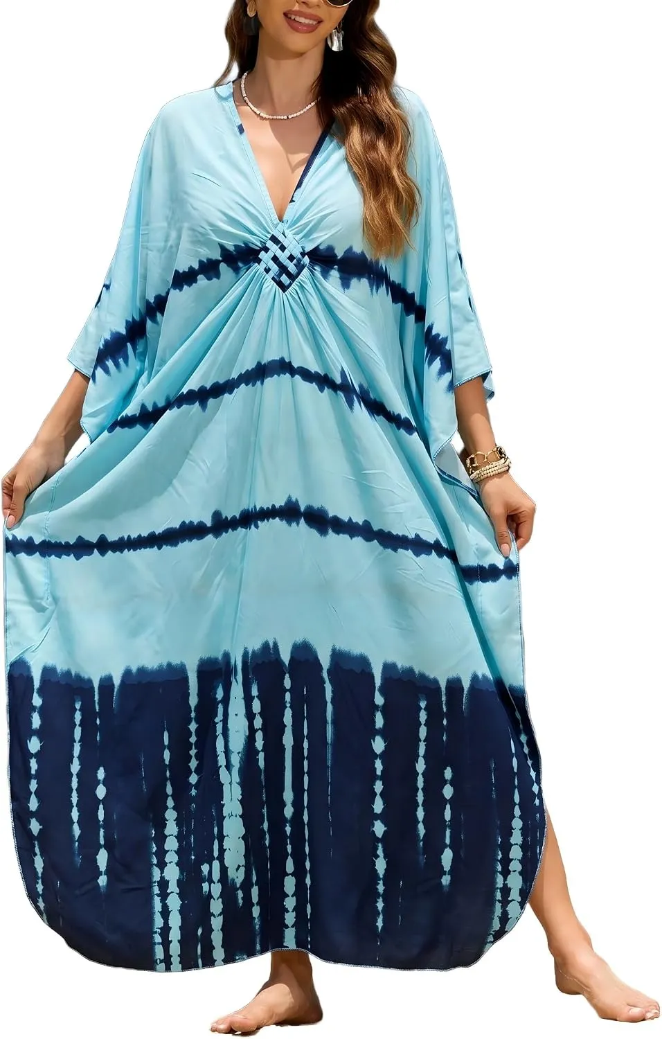 IMAGEKOPE Kaftan Dresses for Women Plus Size V-Neck Moo Moos Batwing Kaftan Beach Dress Bathing Suit Cover-Up Loungewear