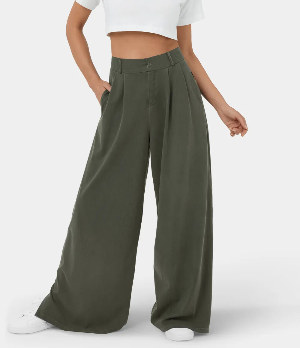 High Waisted Button Zipper Plicated Side Pocket Split Hem Wide Leg Casual Pants