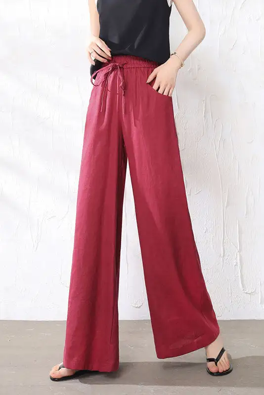 Polished Linen Wide Leg High Waist Pocketed Trousers