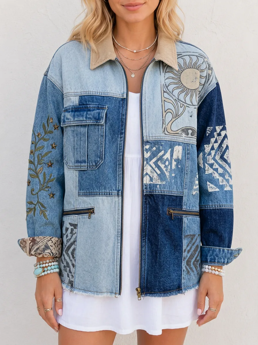 Women's Boho Sun Star Patchwork Printed Denim Jacket