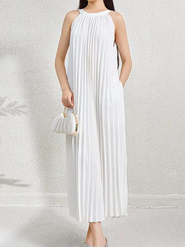 Loose Pleated Sleeveless Neck Maxi Dress