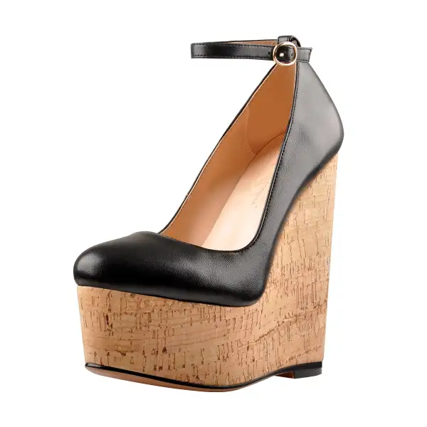 Round Toe Platform High Heel Buckle Strap Pumps