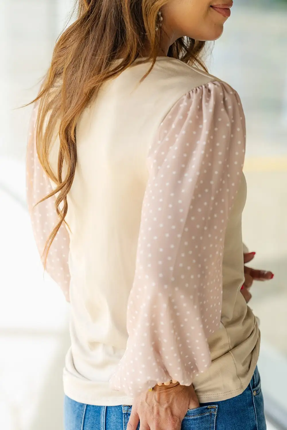 Polka Dot Round Neck Relaxed Stretch Fabric Long Sleeve Blouse
