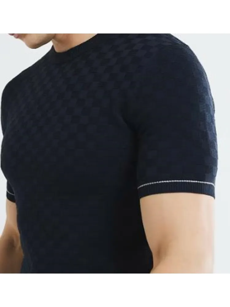 Men's Navy  Slim Fit Checkerboard T-Shirt