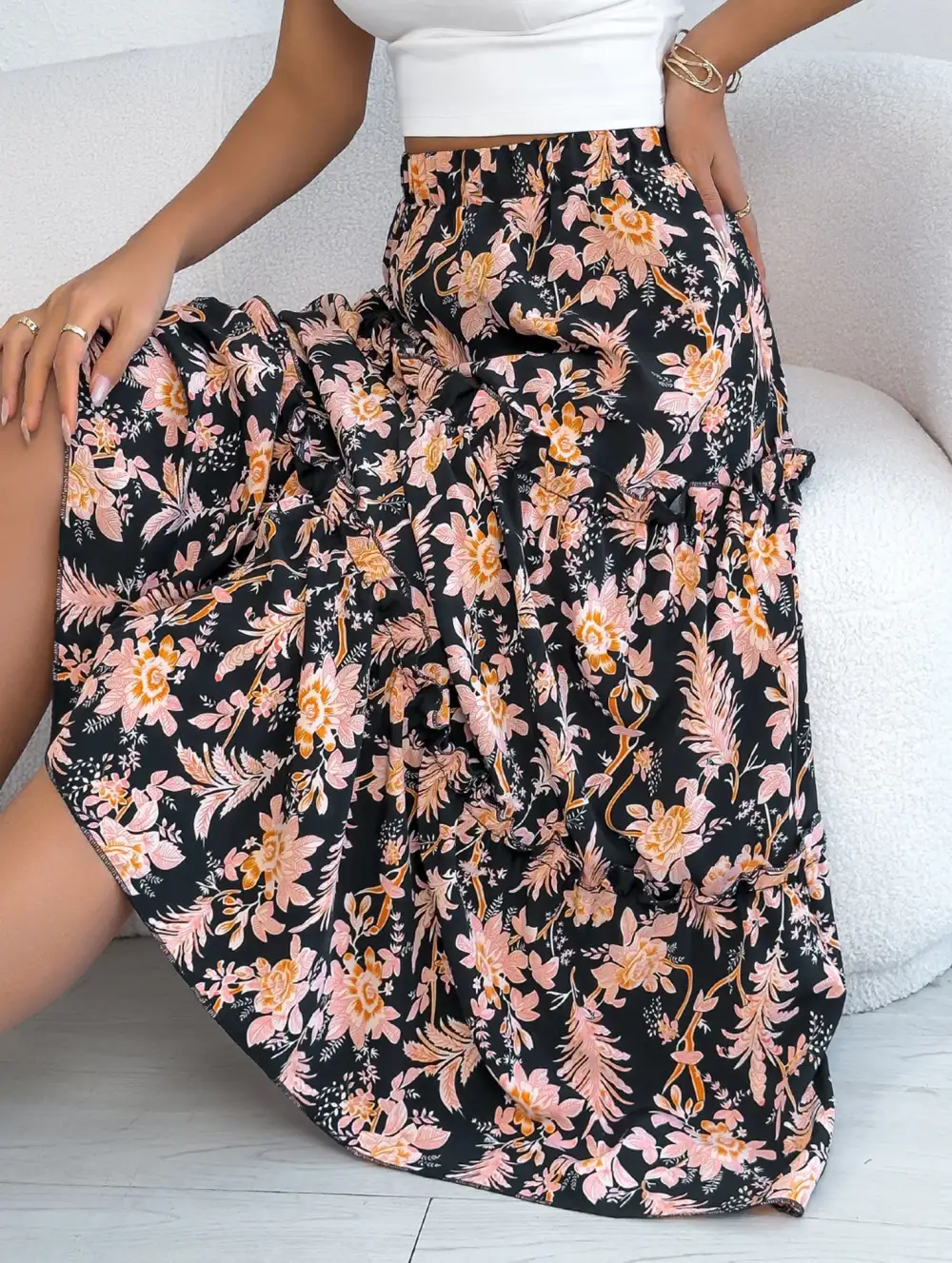 Floral Ruffle Midi Skirt