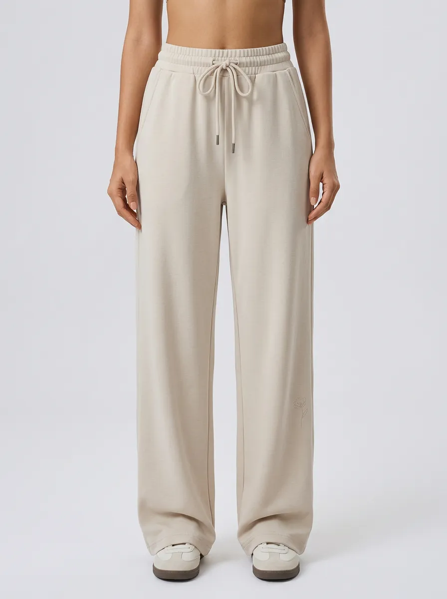 Women's Casual Minimalist Floral Beige Embroidered Sweatpants