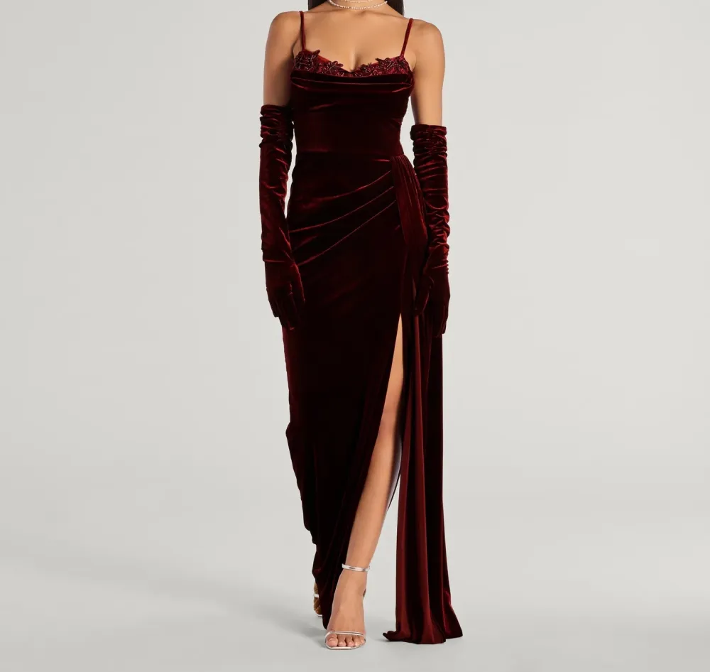 Beaded Appliqué Velvet Column Dress