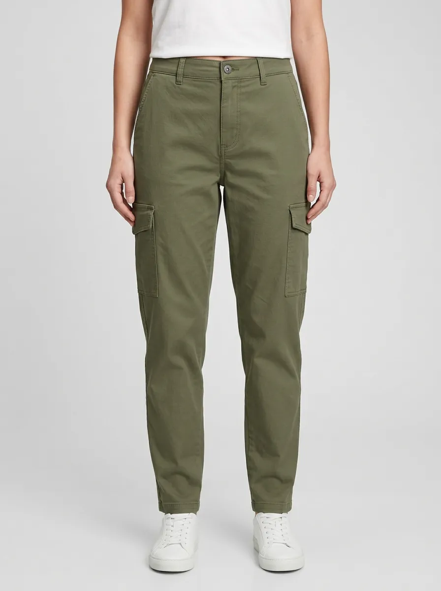 Women's Mid-Rise Button-Flap Pocket Slant-Pocket Topstitched Tapered Cargo Pants
