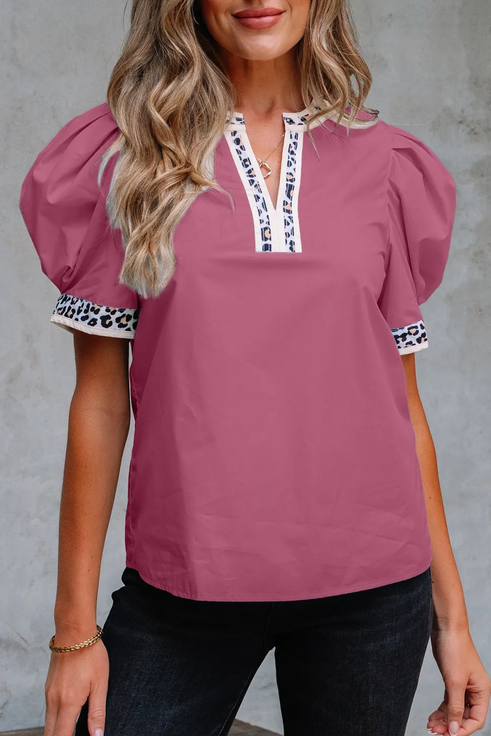 Leopard Print Puff Sleeve Split Neck Blouse