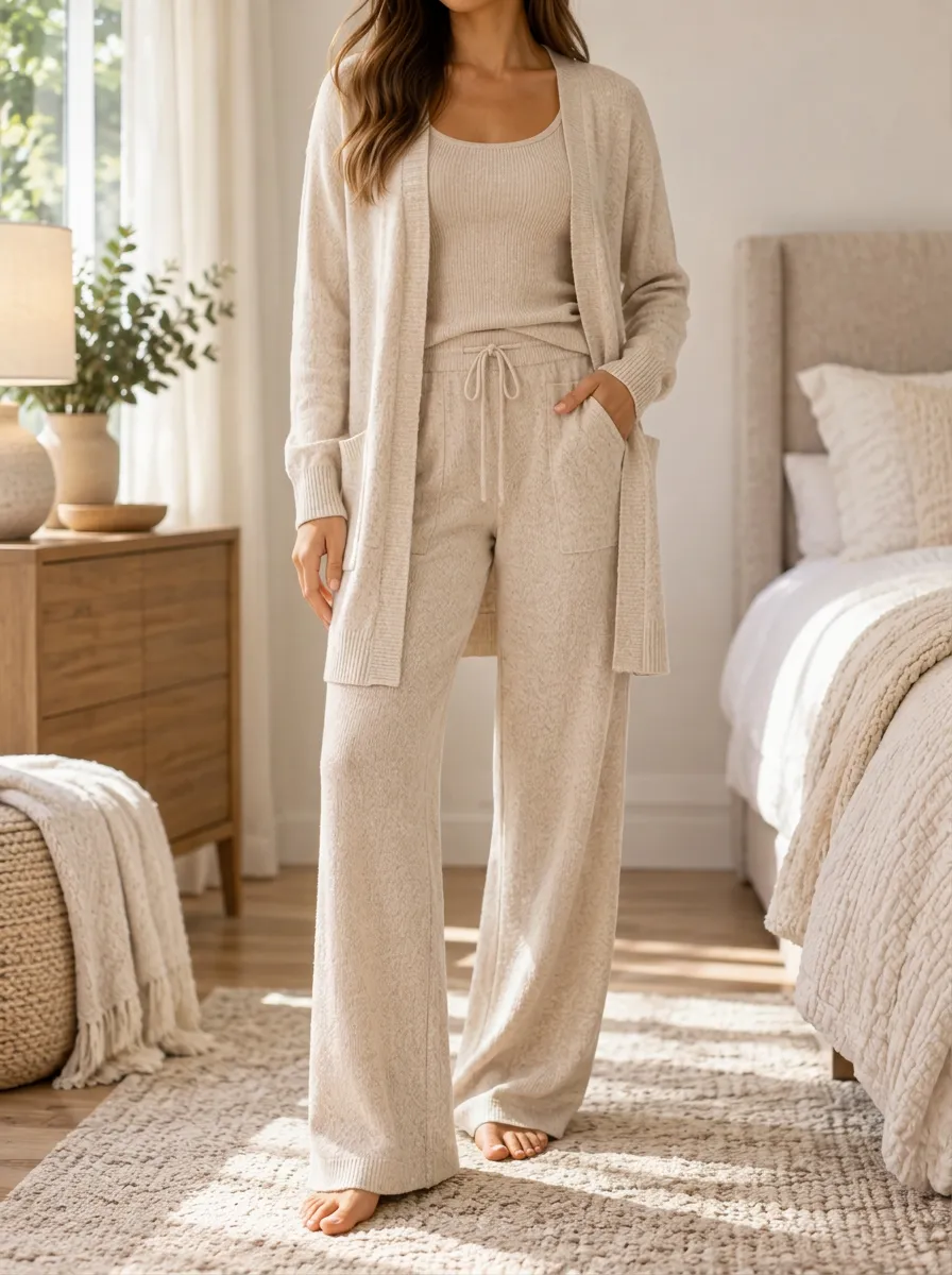 Women's Comfort Focused Knit Cardigan Inner Top And Pants Matching Set