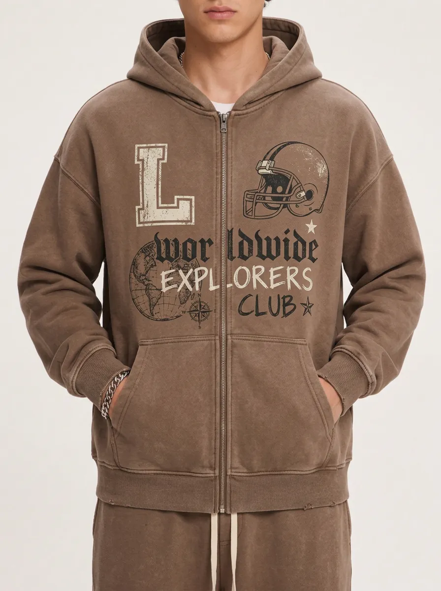 Men's Worldwide Explorers Club Football Helmet Printed Zip-up Hoodie