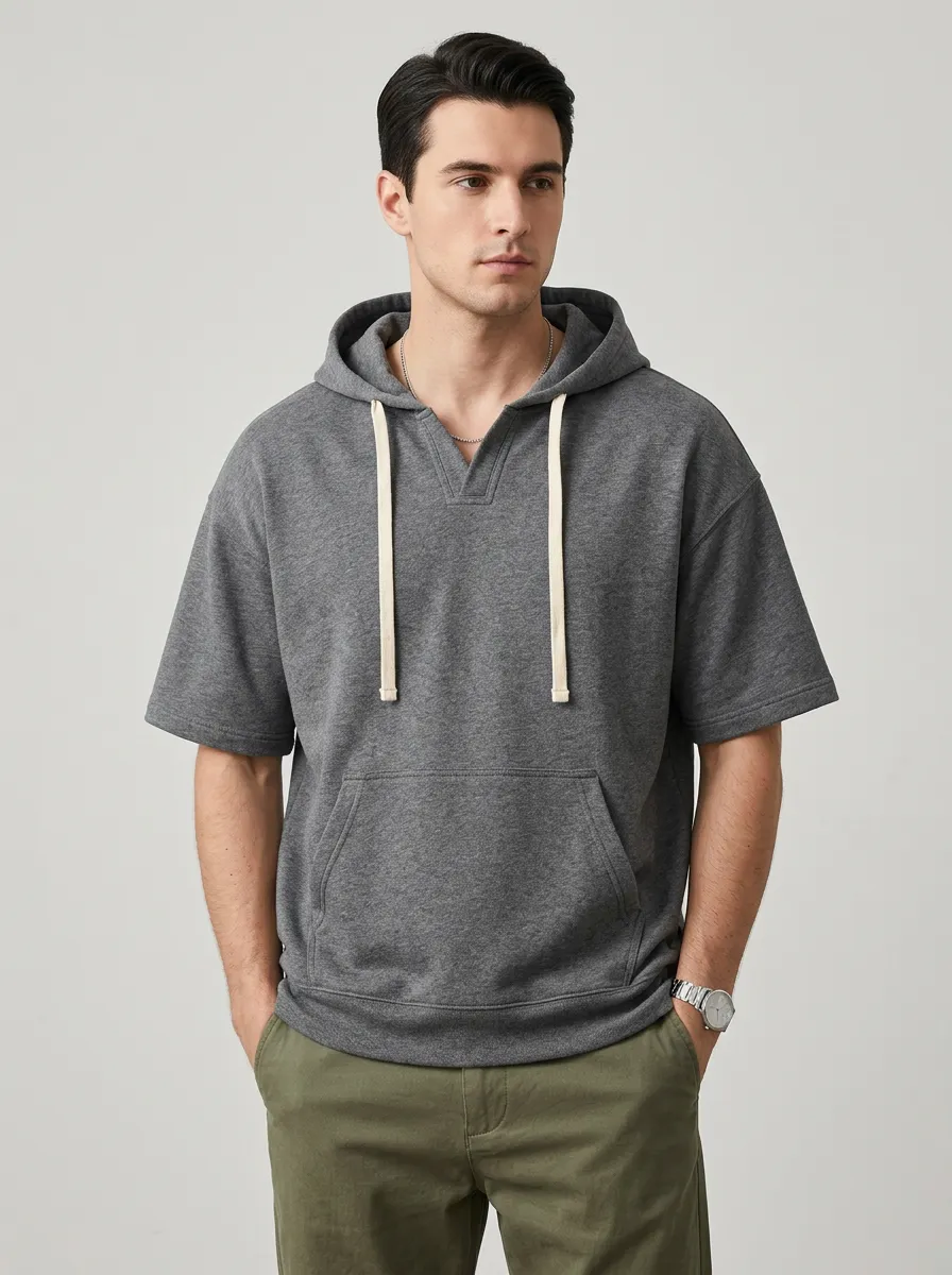 Modern Short Sleeve Pullover Minimalist Look Men's Hoodie