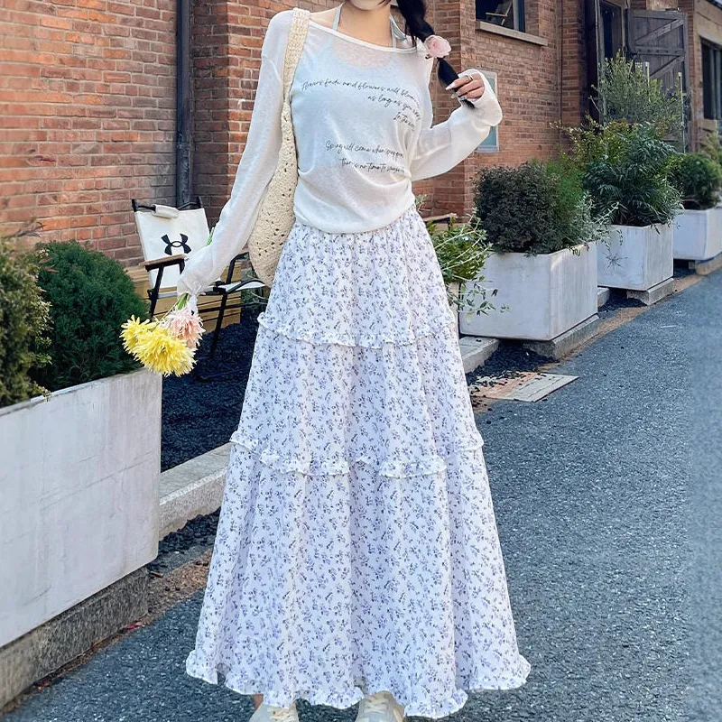 Casual Floral High Waist A-Line Midi Skirt