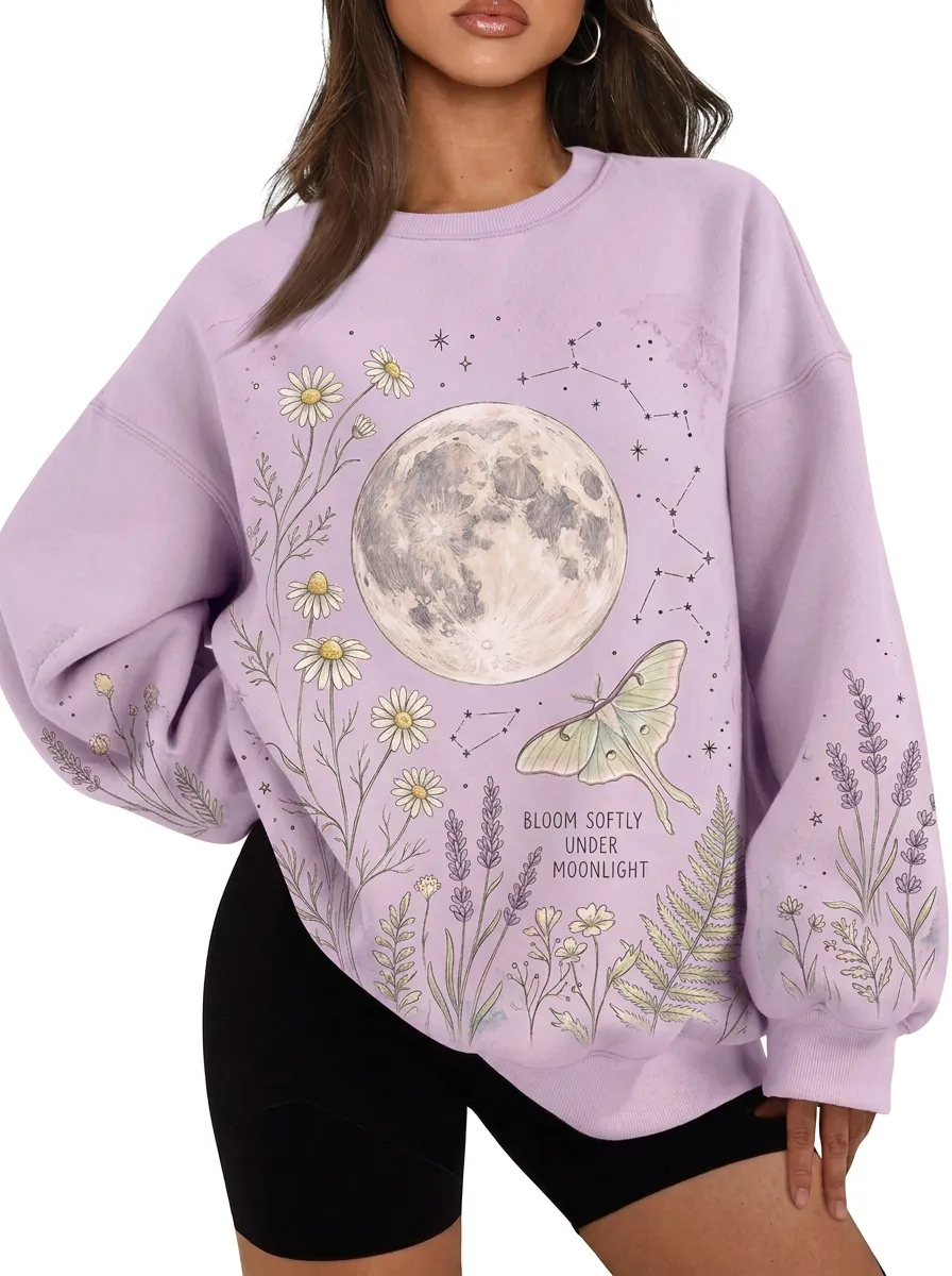 Women's Beige Celestial Moon Moth Floral Crewneck Sweatshirt