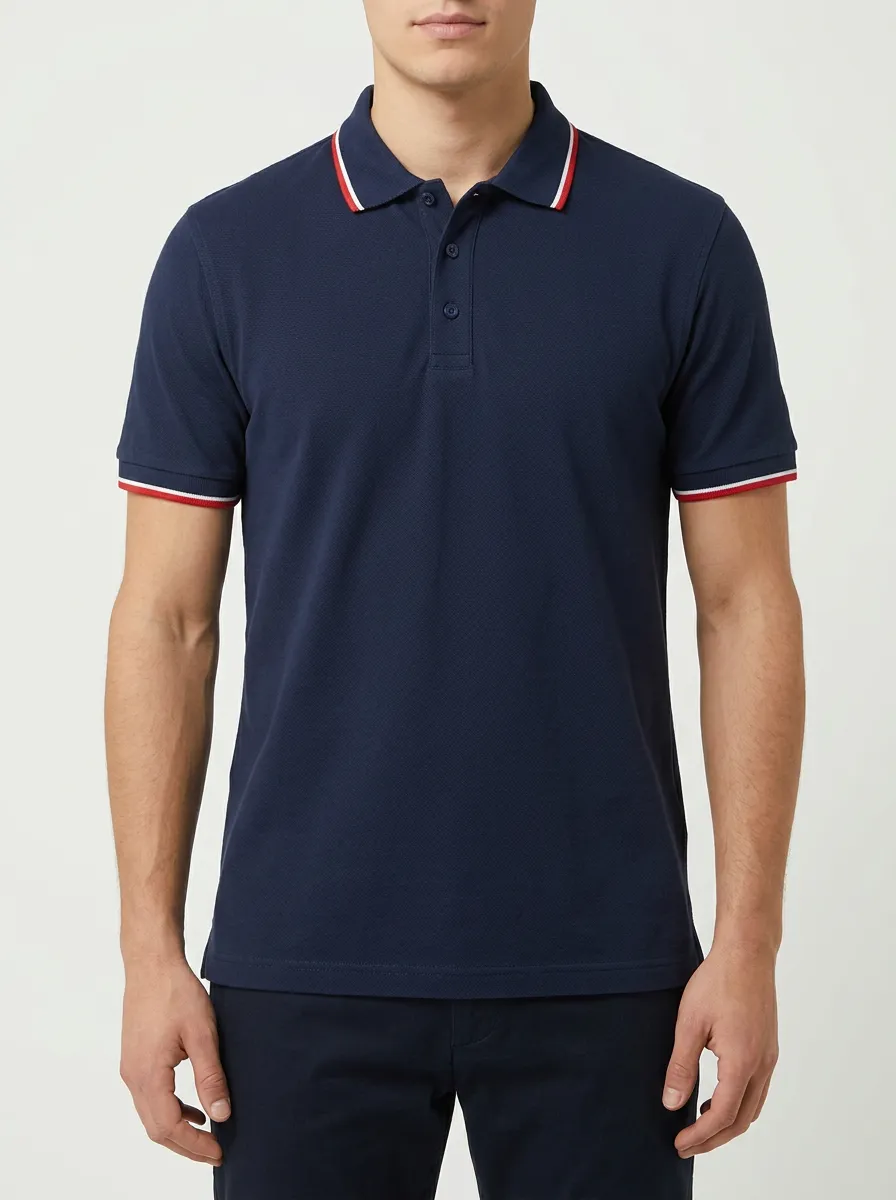 Men's Navy Blue Contrast Tipped Collar Printed Polo Shirt