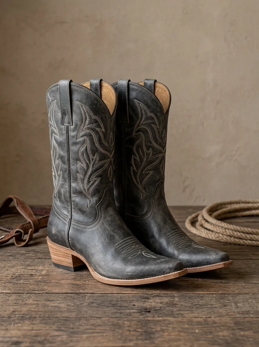 Unisex Vintage Western Cowboy Embroidered Distressed Leather Boots