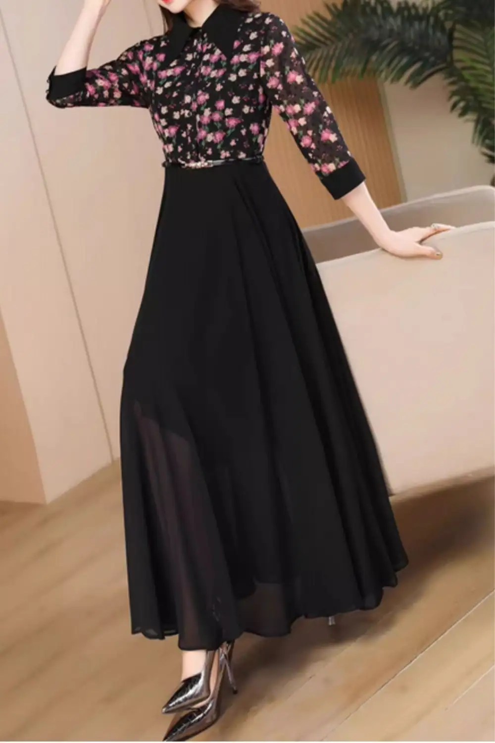 Floral Polyester Lapel Collar Three Quarter Sleeve Maxi Dress