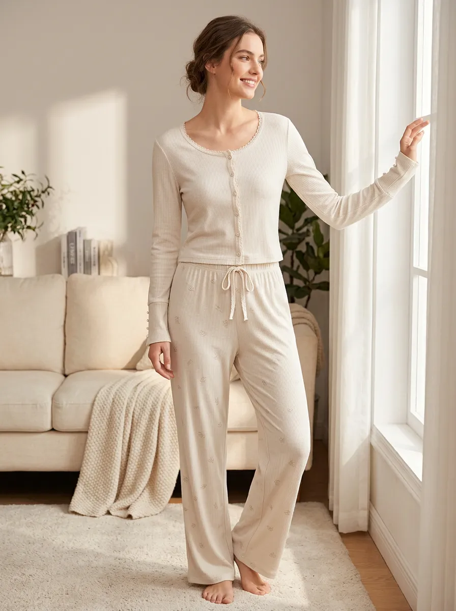 Women's Minimalist Floral Ribbed Button-Down Loungewear Set