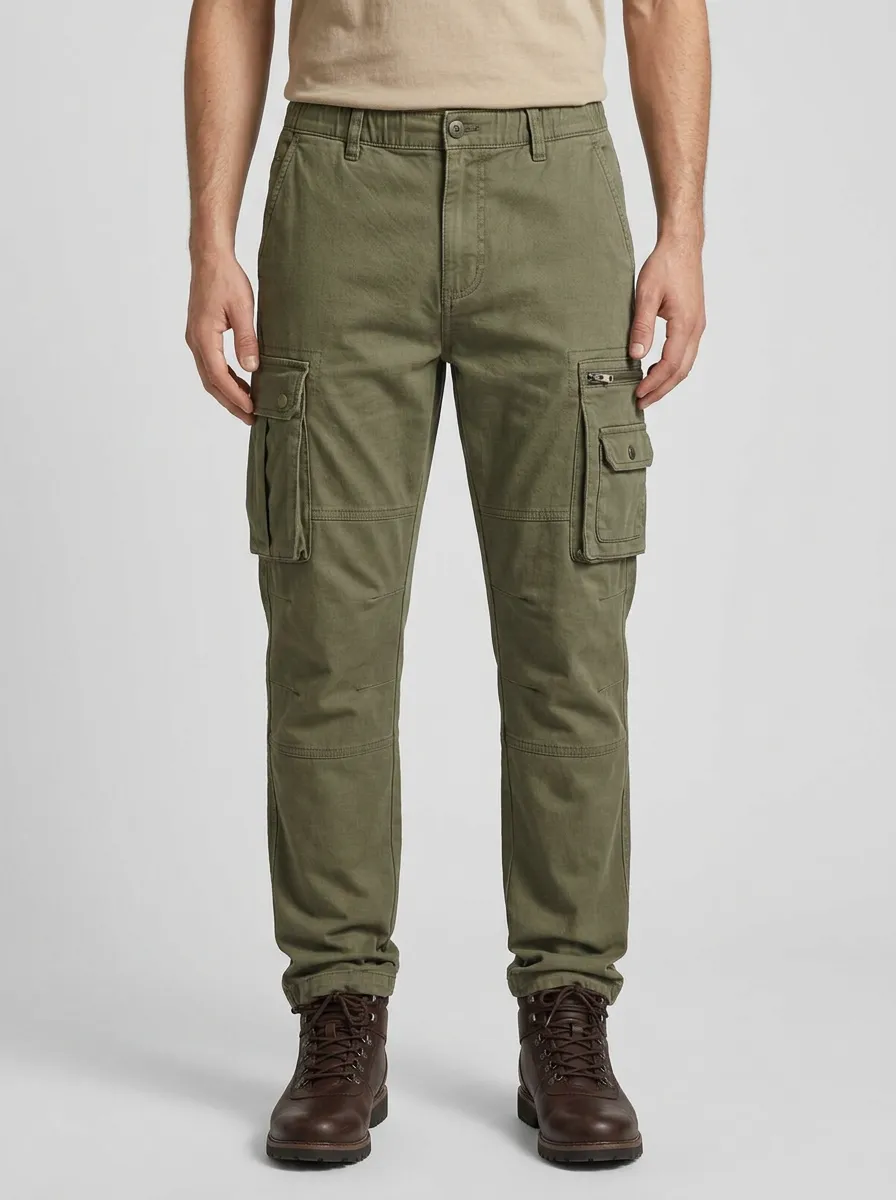Men's Olive Green Multi-Pocket Tactical Straight-Leg Cargo Pants
