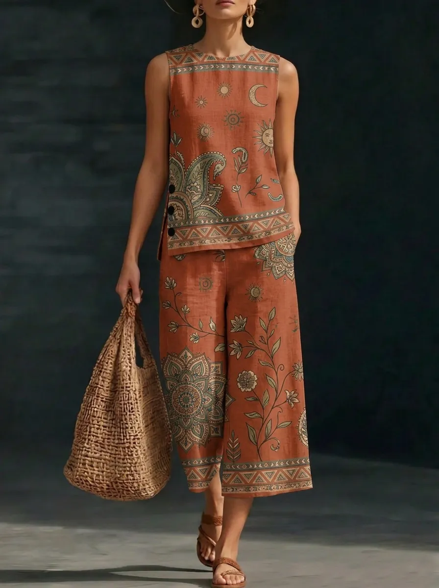 Women's Boho Celestial Floral Mandala Printed Sleeveless Set