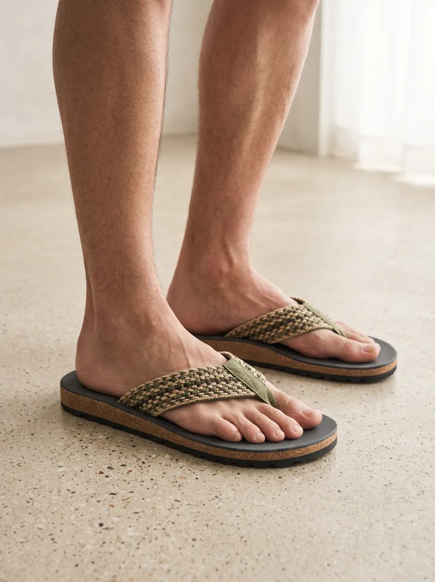 Men's Casual Summer Woven Strap Cork Sole Printed Flip Flops