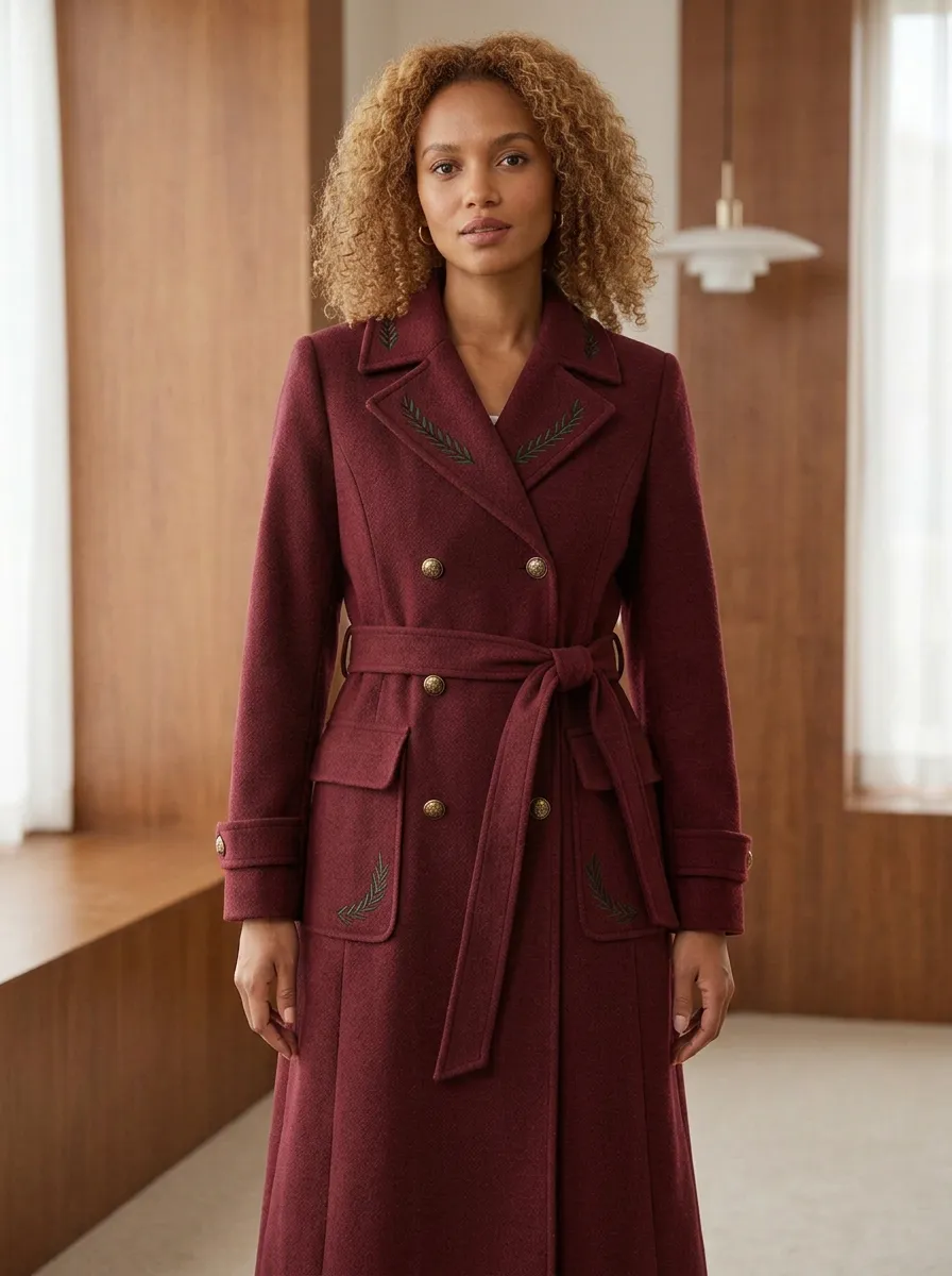 Women's Vintage Leaf Embroidered Double-Breasted Wool Coat