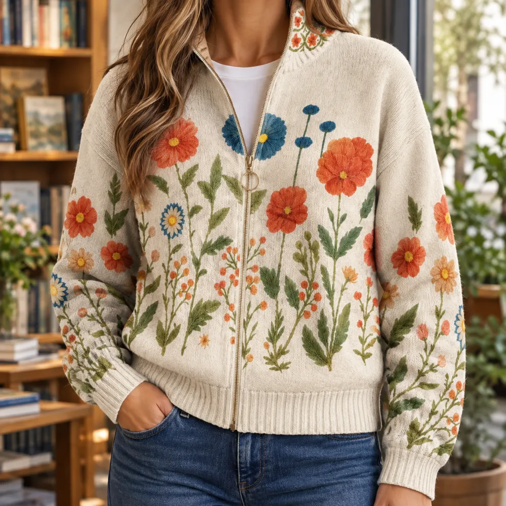 Floral Zip-Front Sweater