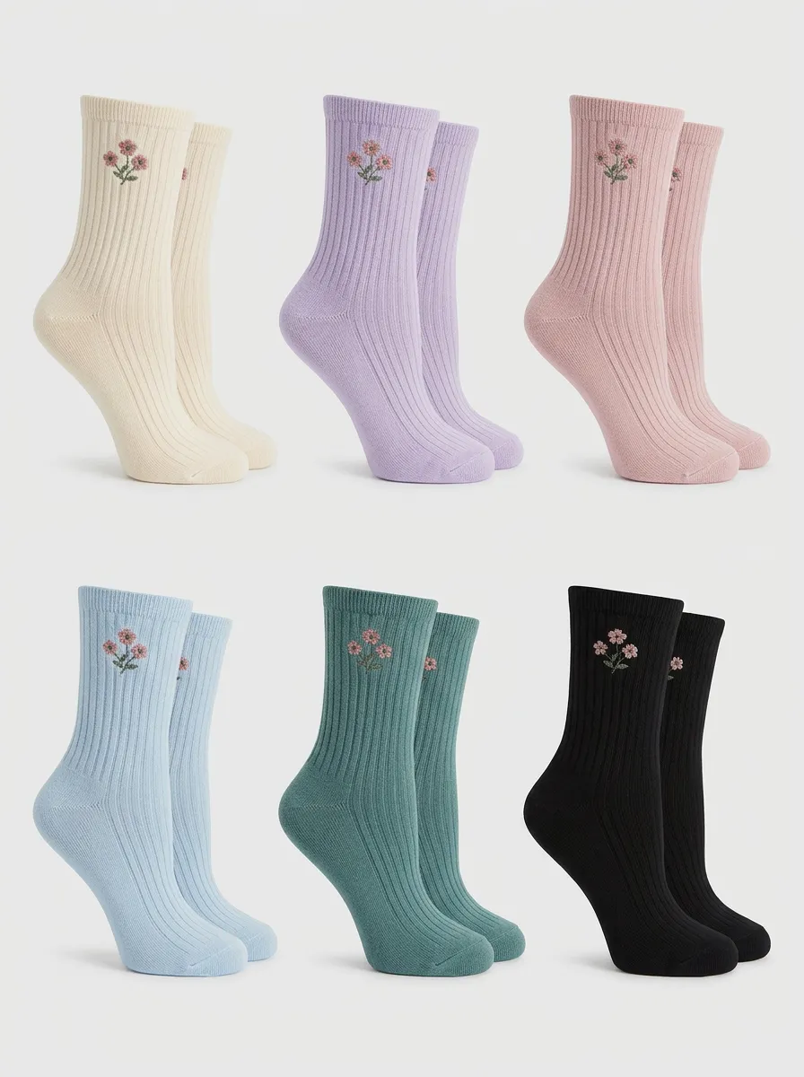 Women's Multicolor Floral Embroidered Ribbed Crew Pastel Multicolor Socks 6-Pack