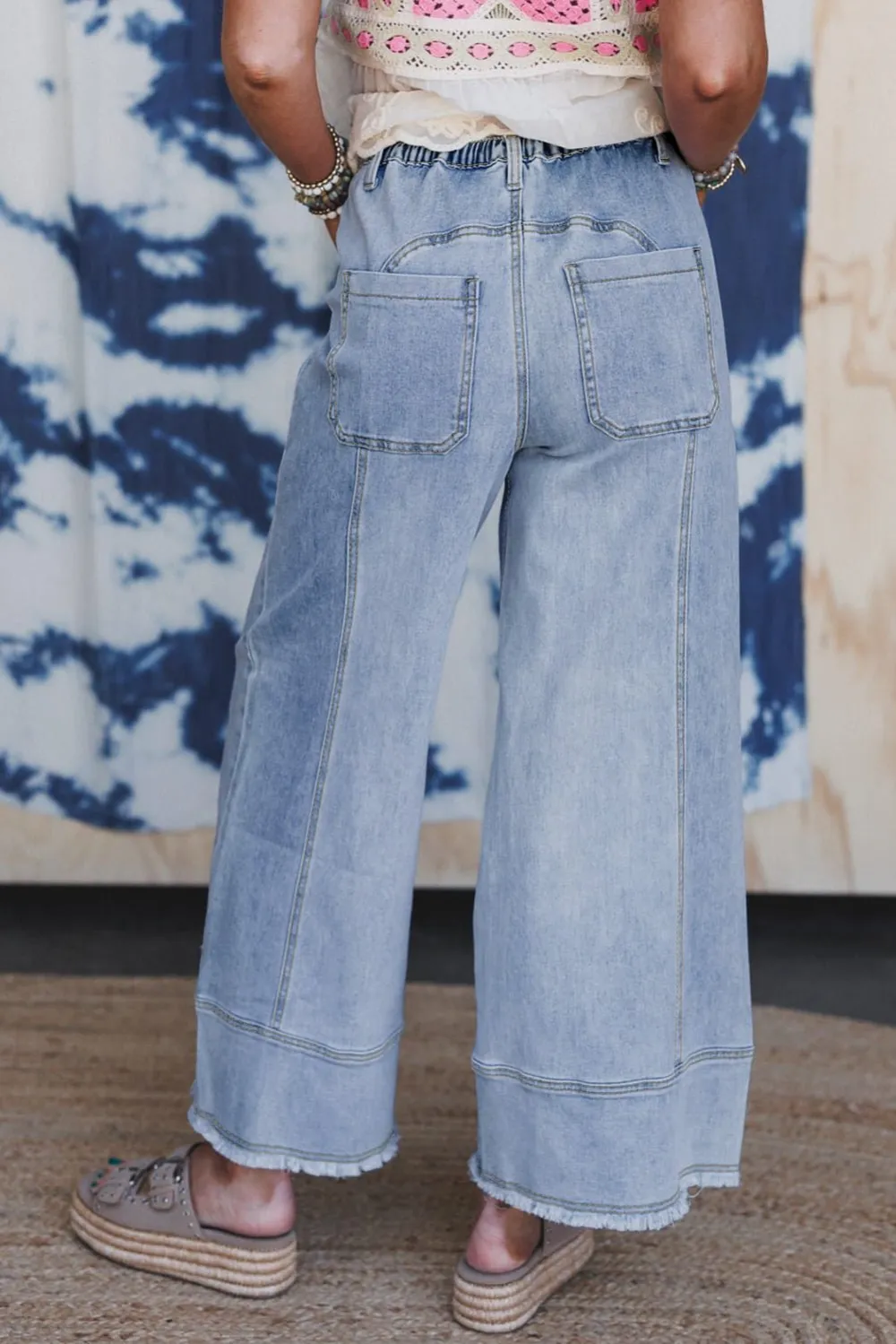 Drawstring Relaxed Fit Wide Leg Raw Hem Casual Jeans