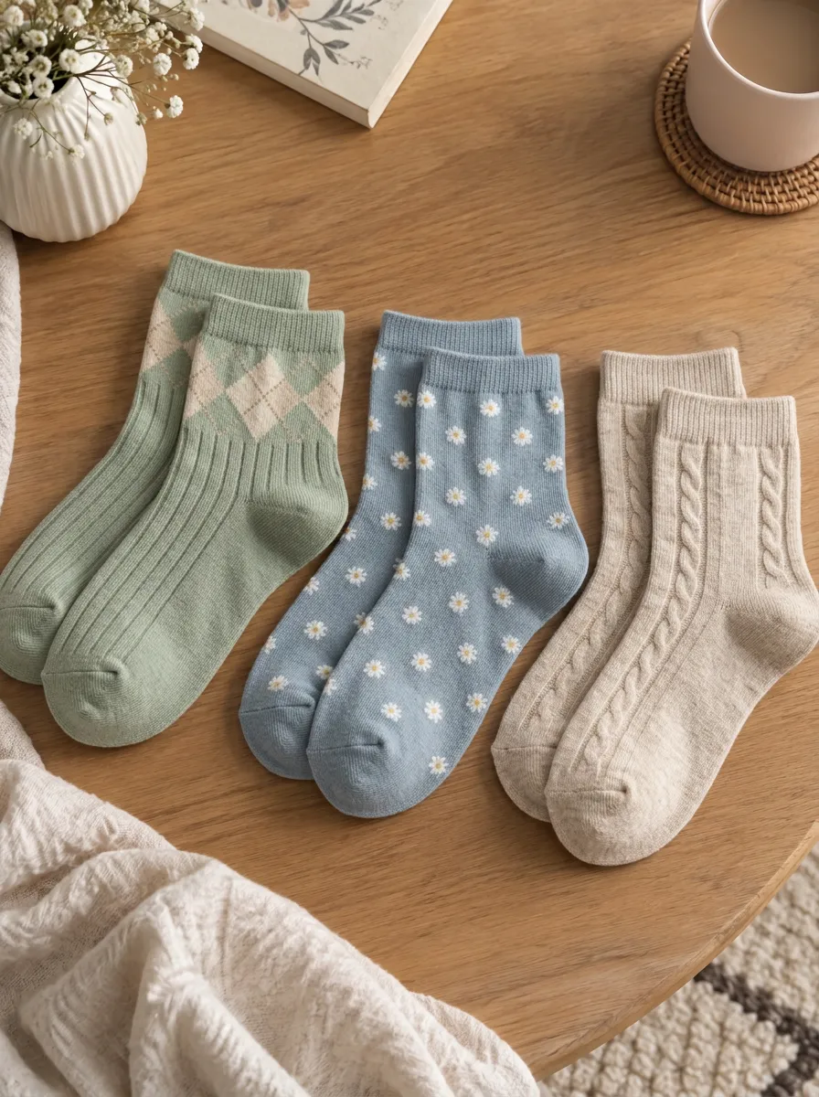 Women's Vintage Aesthetic Daisy Argyle Cable Knit Printed Socks Set