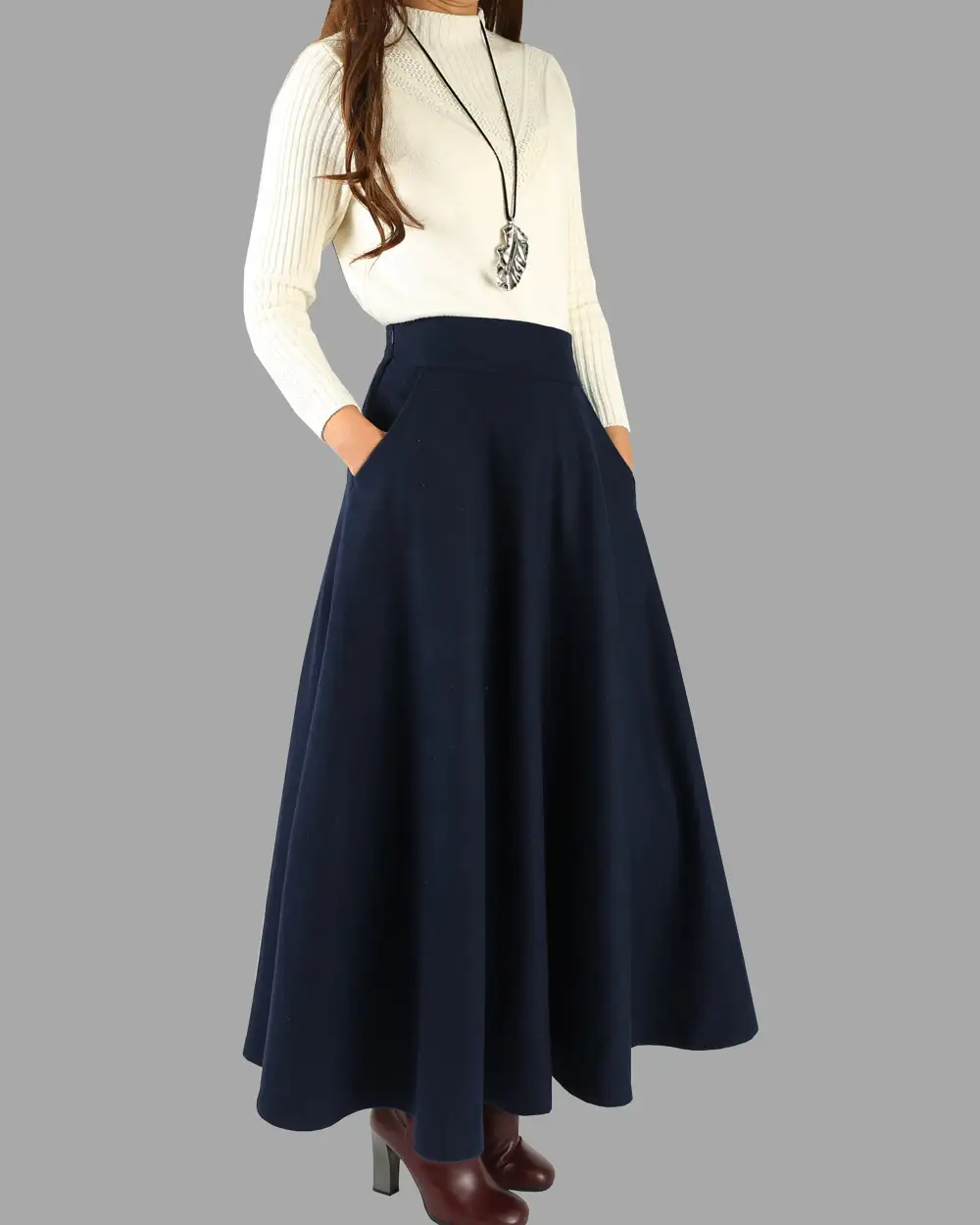 Pleated Wool A Line Maxi Skirt
