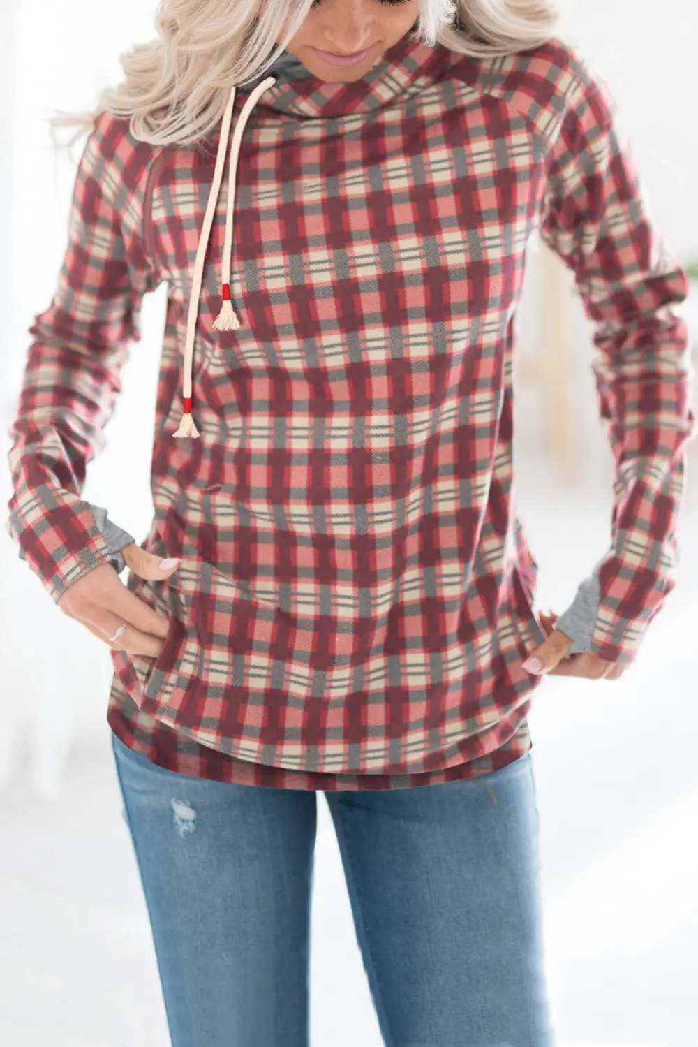 Cowl Neck Plaid Drawstring Thumb Hole Hoodie