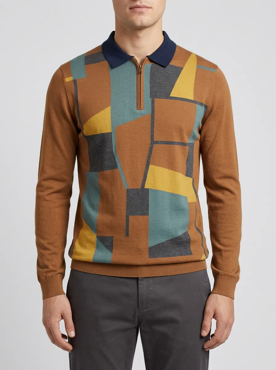 Men's Geometric Pattern Colorblock Printed Long Sleeve Polo Shirt