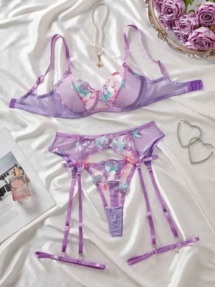 Floral Embroidered Lace Garter Lingerie Set