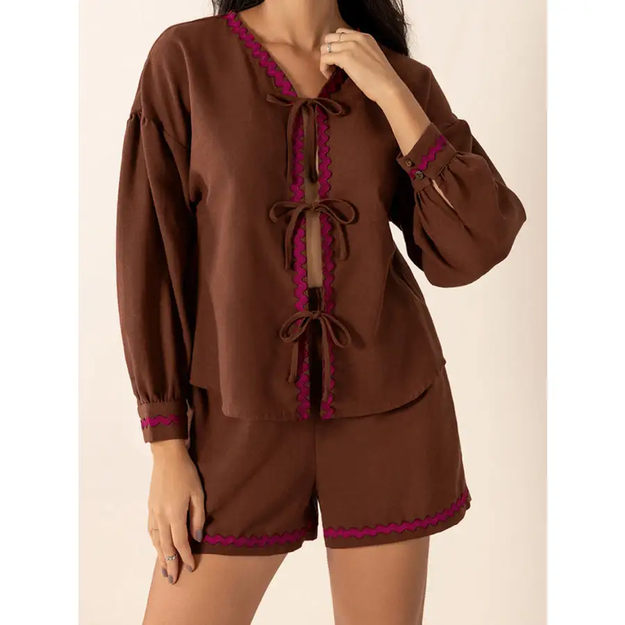 Tied V Neck Long Sleeve Top and Shorts Set