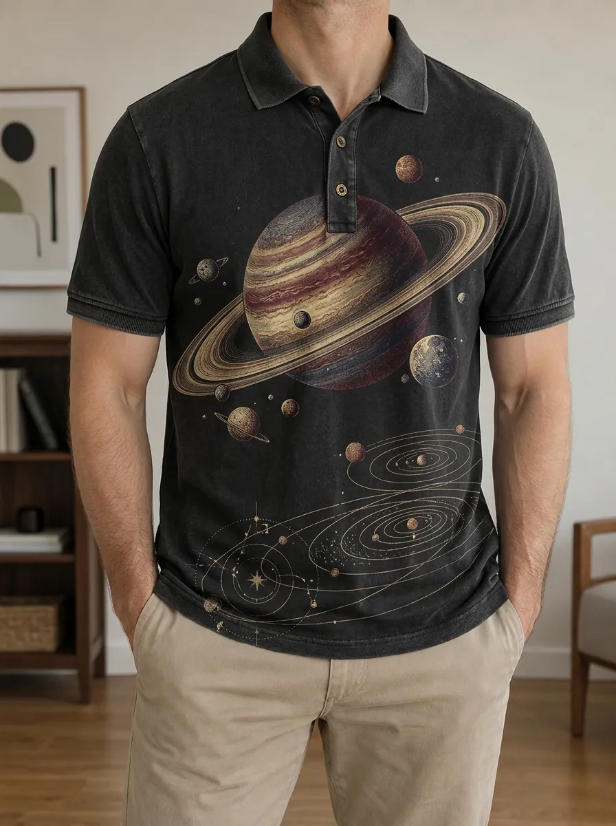 Men's Astronomy Lover Saturn Solar System Printed Polo Shirt Easygoing Weekend Style