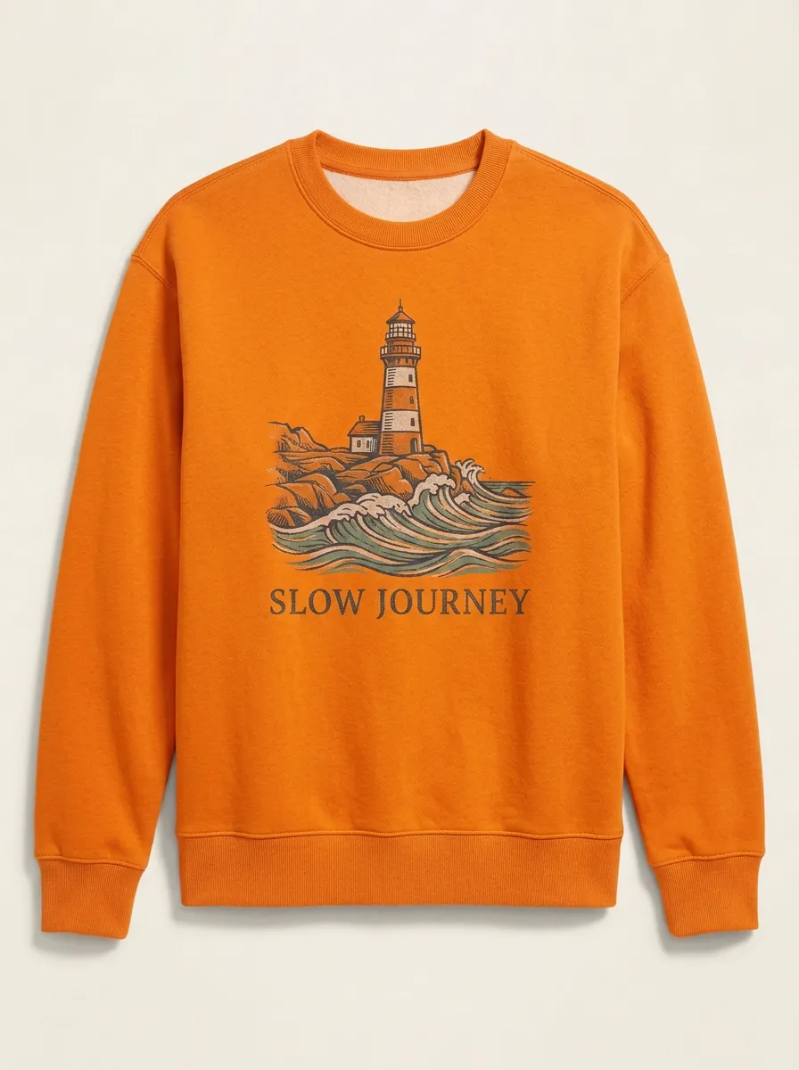 Unisex Slow Journey Lighthouse Ocean Waves Printed Sweatshirt