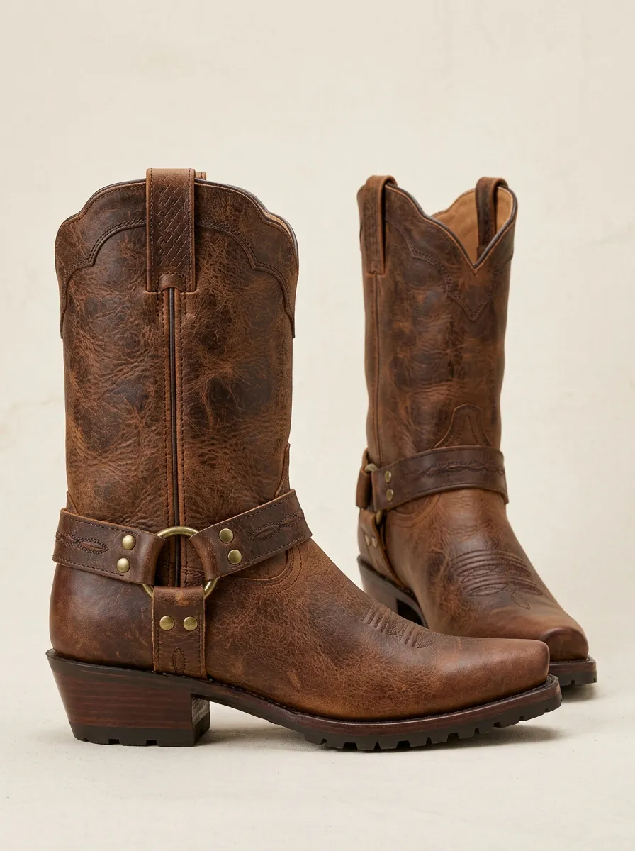 Men's Western Cowboy Distressed Leather Harness Cowboy Boots