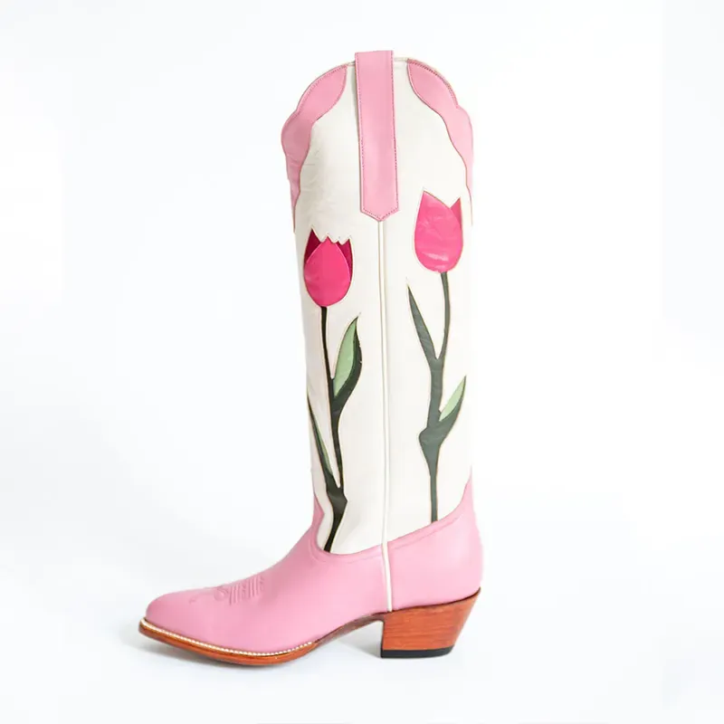 Faux-Leather Floral Patchwork Chunky-Heel Knee-High Boots