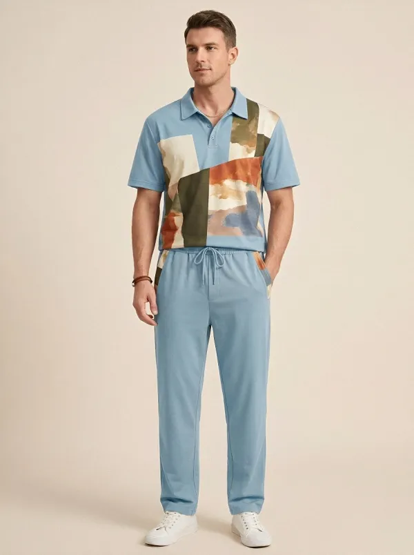 Men's Abstract Geometric Colorblock Printed Casual Set Modern Pattern
