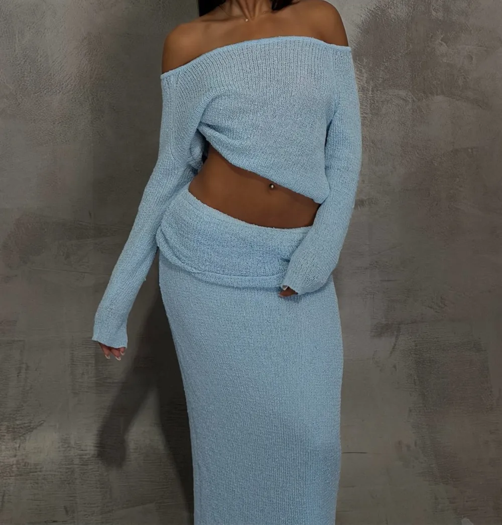 Blue Wide Neck Knit Sweater