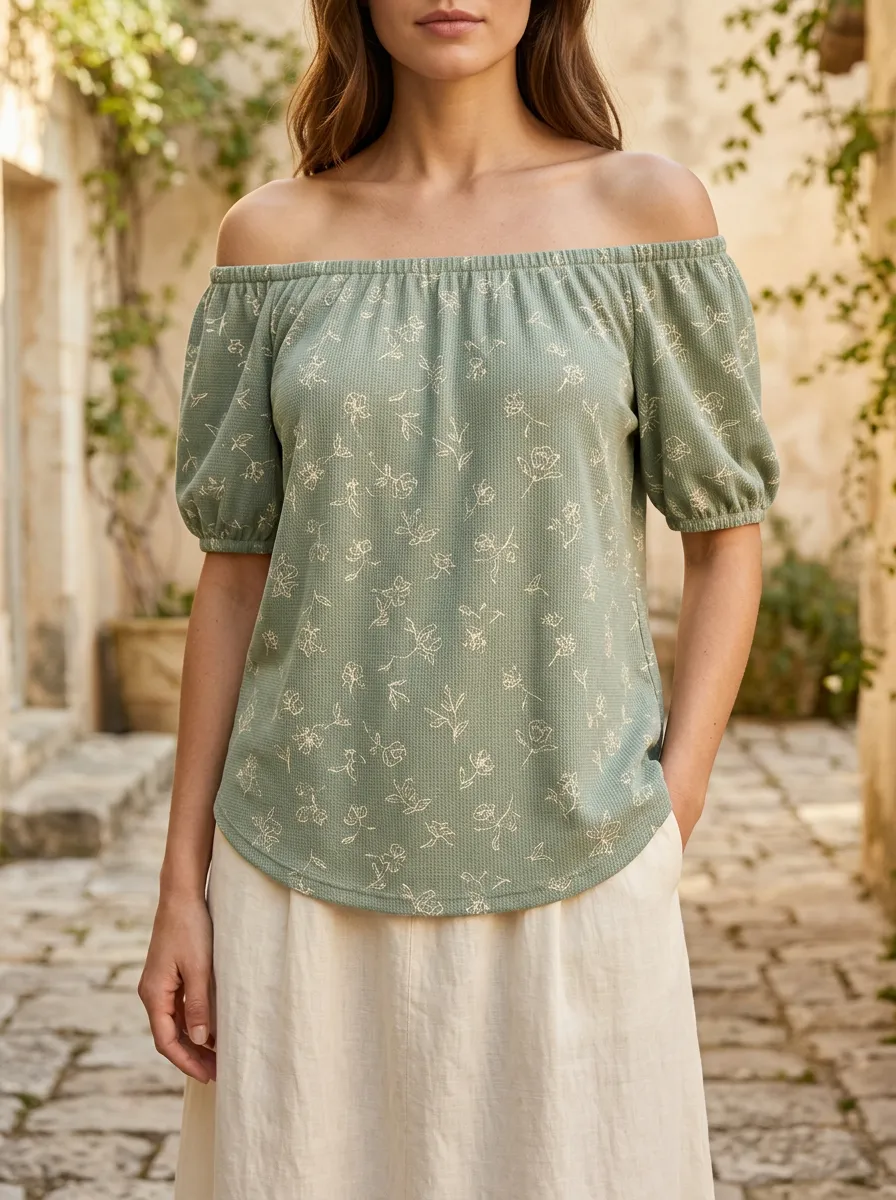 Women's Sage Green Floral Botanical Printed Off-Shoulder Top