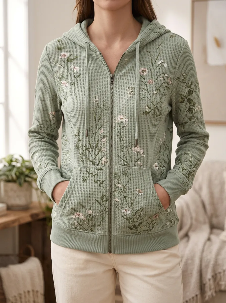 Women's Floral Nature Lover Wildflower Printed Waffle Zip Hoodie