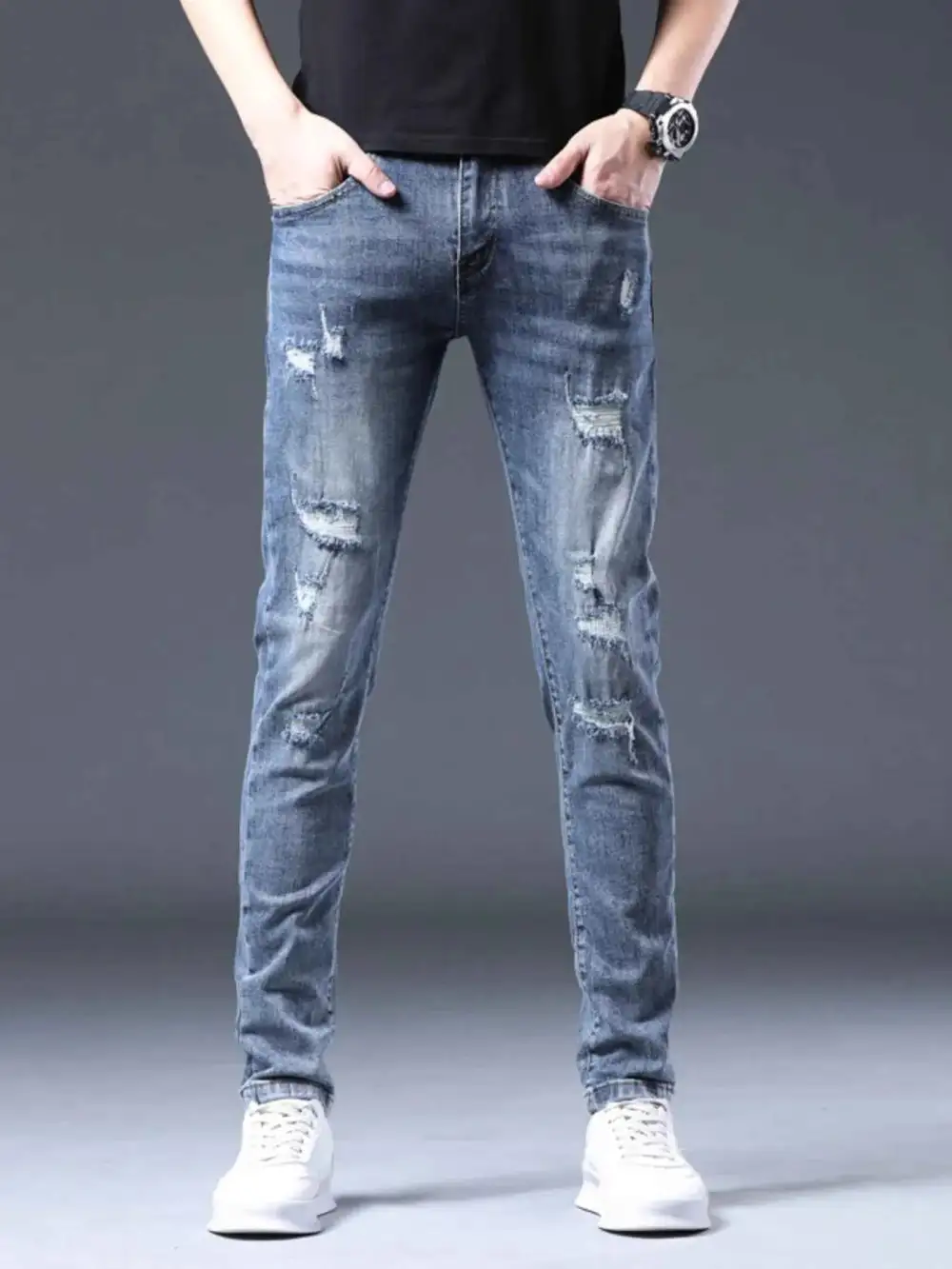 Distressed Slim Fit Ripped Jeans
