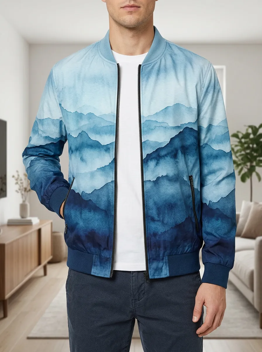Men's Watercolor Mountain Landscape Rugged Terrain Bomber Jacket