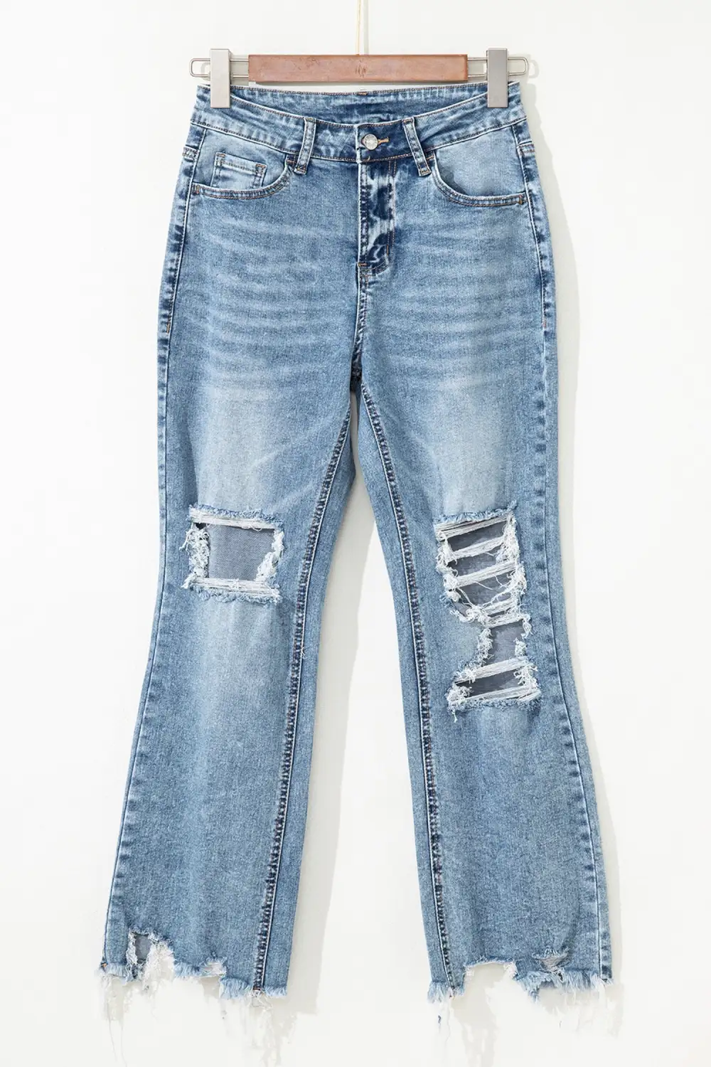 Women's Raw Hem Ripped Open Knee Fit Flare Jeans
