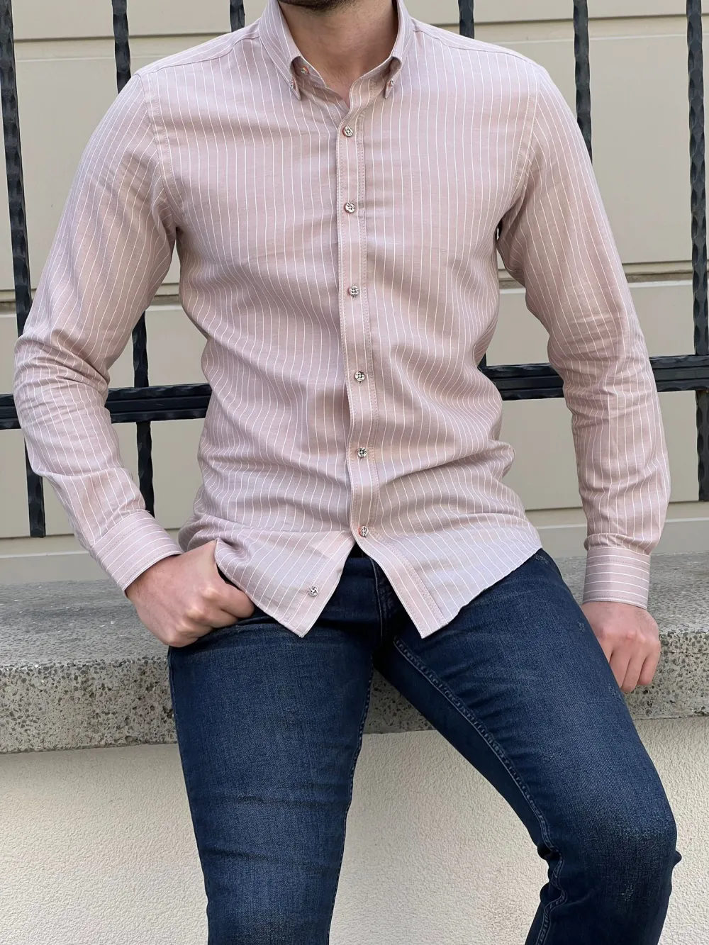 Polished Button Collar Slim Fit Striped Cotton Casual Shirt