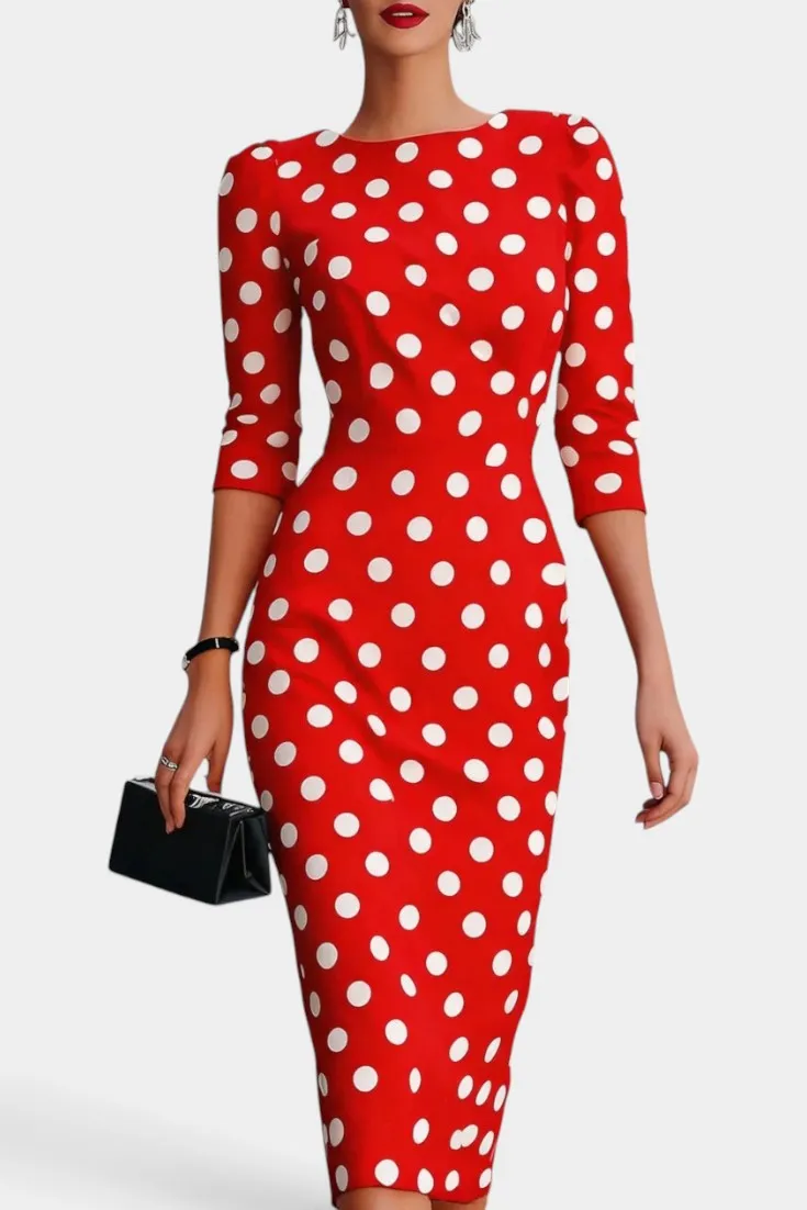 Polka-Dot Round-Neck Midi Dress