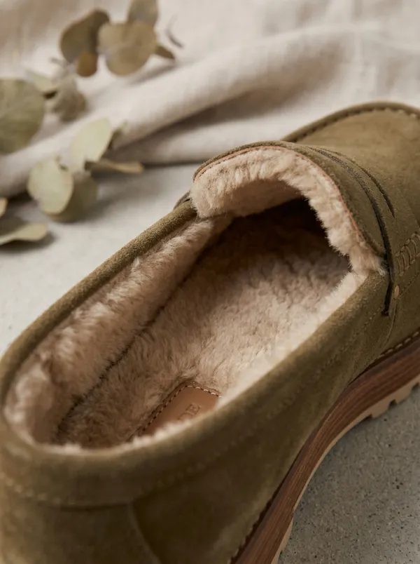 Women's Versatile Faux Fur Lined Platform Suede Wood Sole Loafers